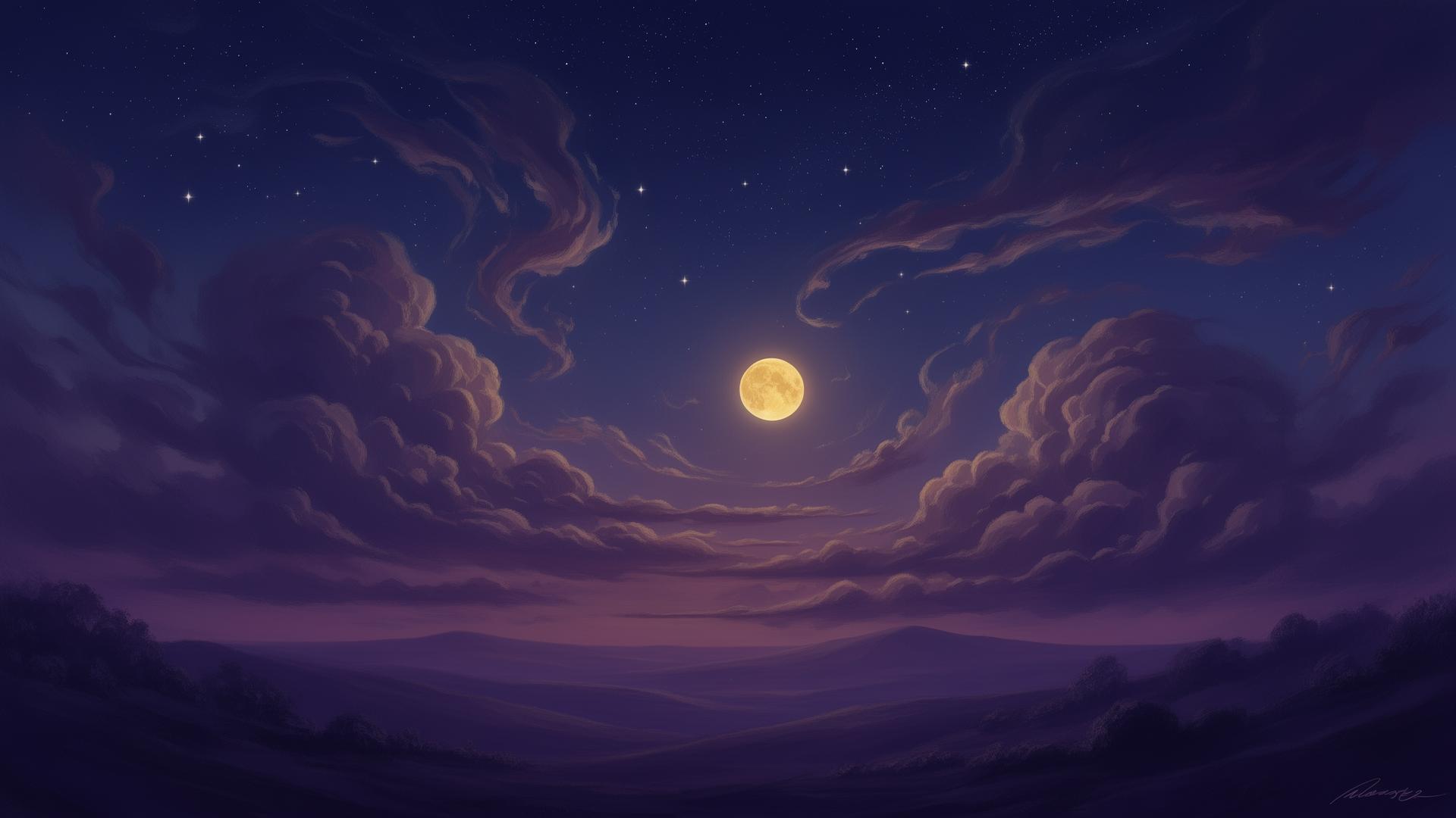 Cielo nocturno con luna llena entre nubes